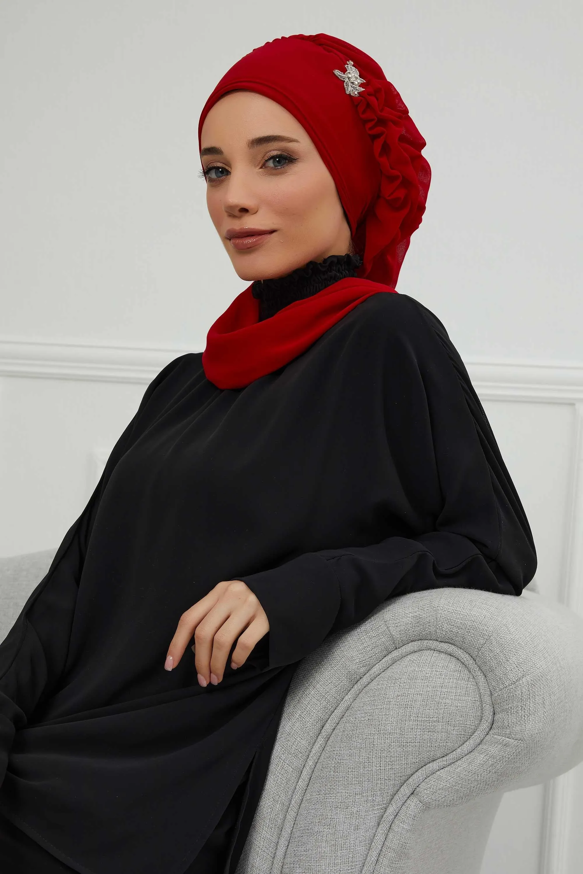 Side Frilled Instant Turban Cotton Scarf Head Turbans with Unique Jewellery Stone Accessory For Women Headwear Stylish Elegant Design,HT-106