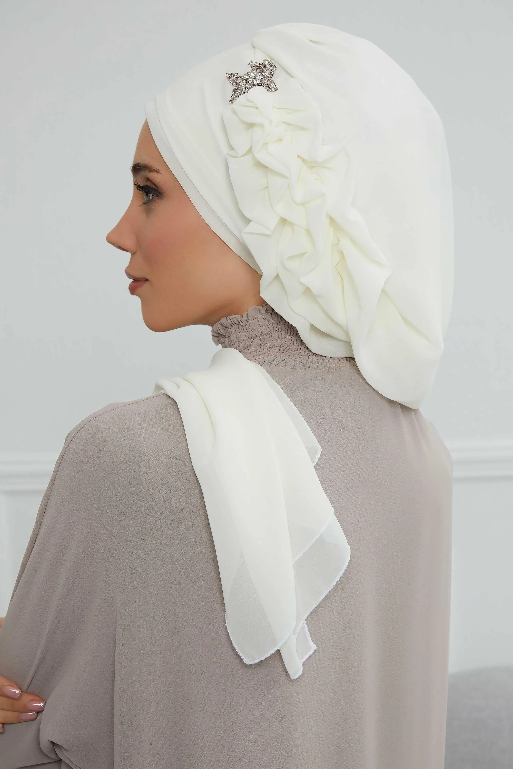 Side Frilled Instant Turban Cotton Scarf Head Turbans with Unique Jewellery Stone Accessory For Women Headwear Stylish Elegant Design,HT-106