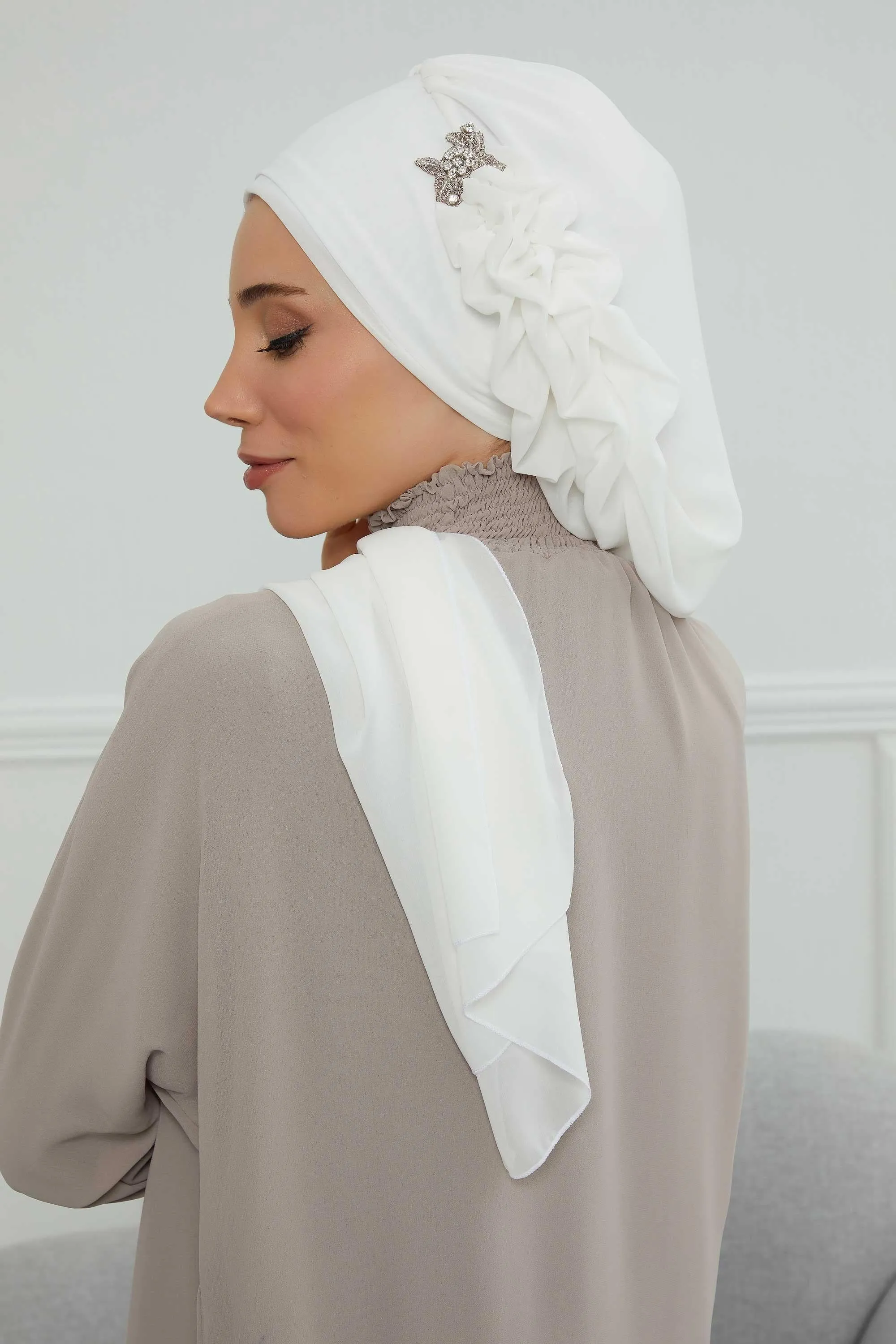 Side Frilled Instant Turban Cotton Scarf Head Turbans with Unique Jewellery Stone Accessory For Women Headwear Stylish Elegant Design,HT-106