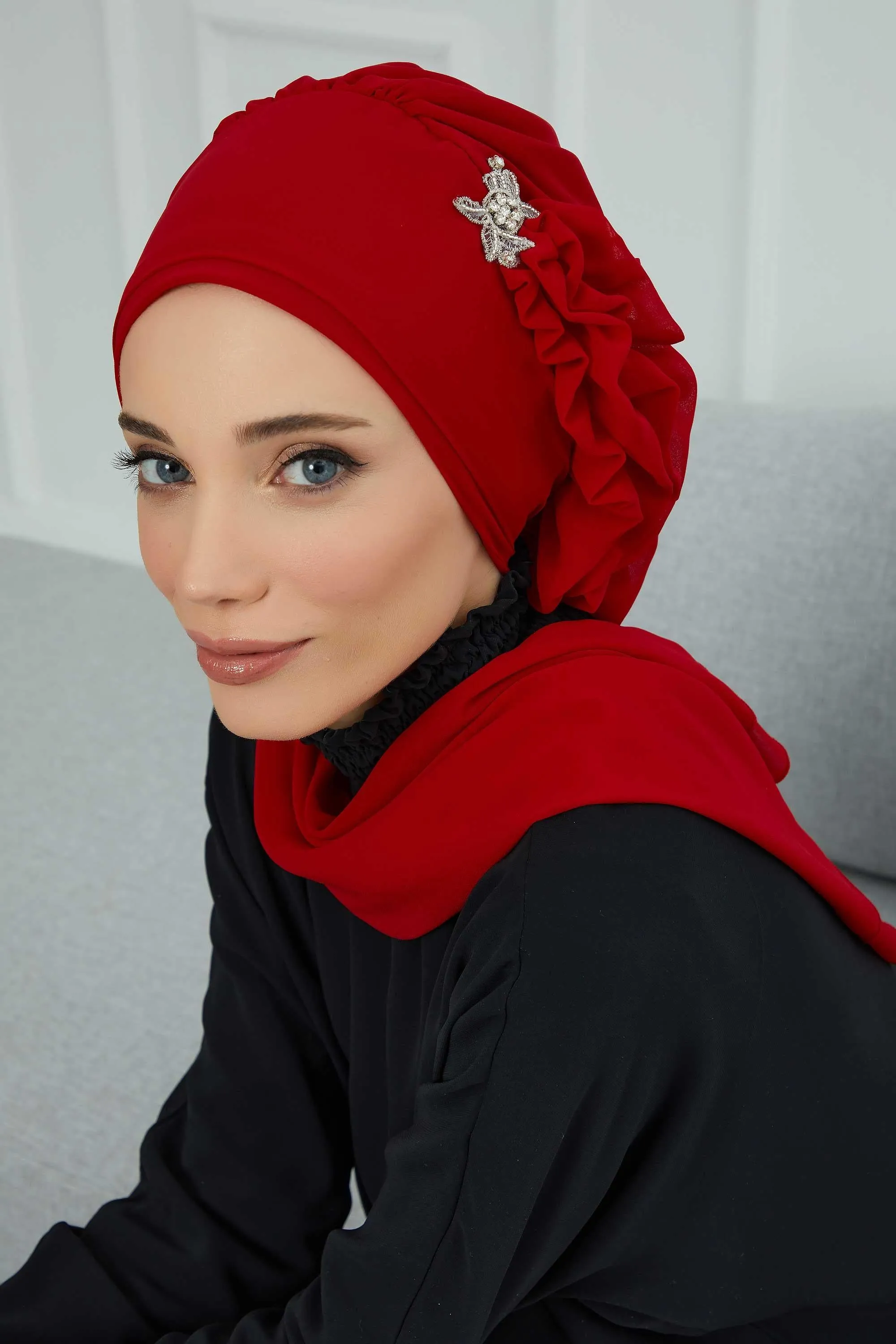 Side Frilled Instant Turban Cotton Scarf Head Turbans with Unique Jewellery Stone Accessory For Women Headwear Stylish Elegant Design,HT-106