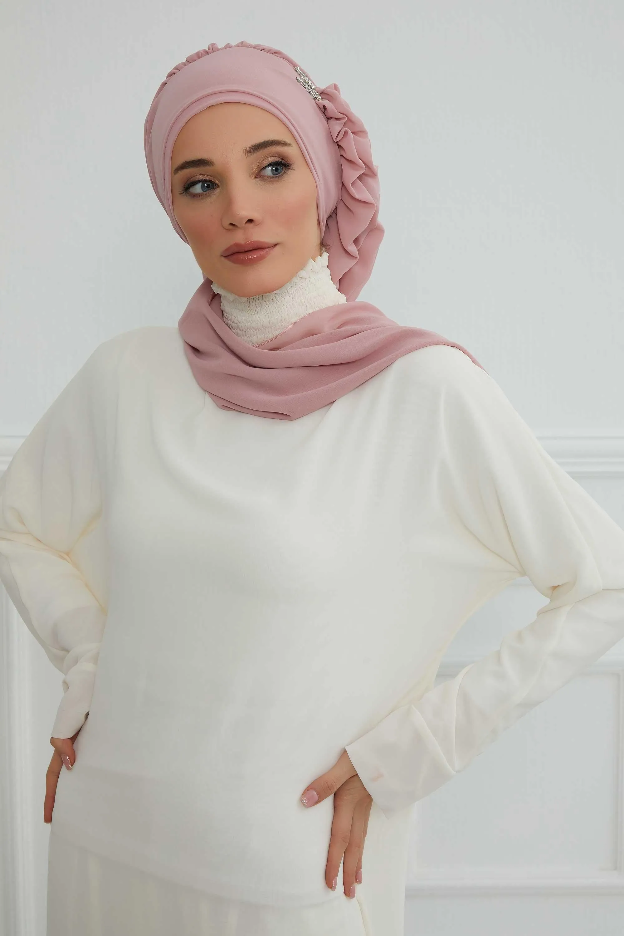Side Frilled Instant Turban Cotton Scarf Head Turbans with Unique Jewellery Stone Accessory For Women Headwear Stylish Elegant Design,HT-106
