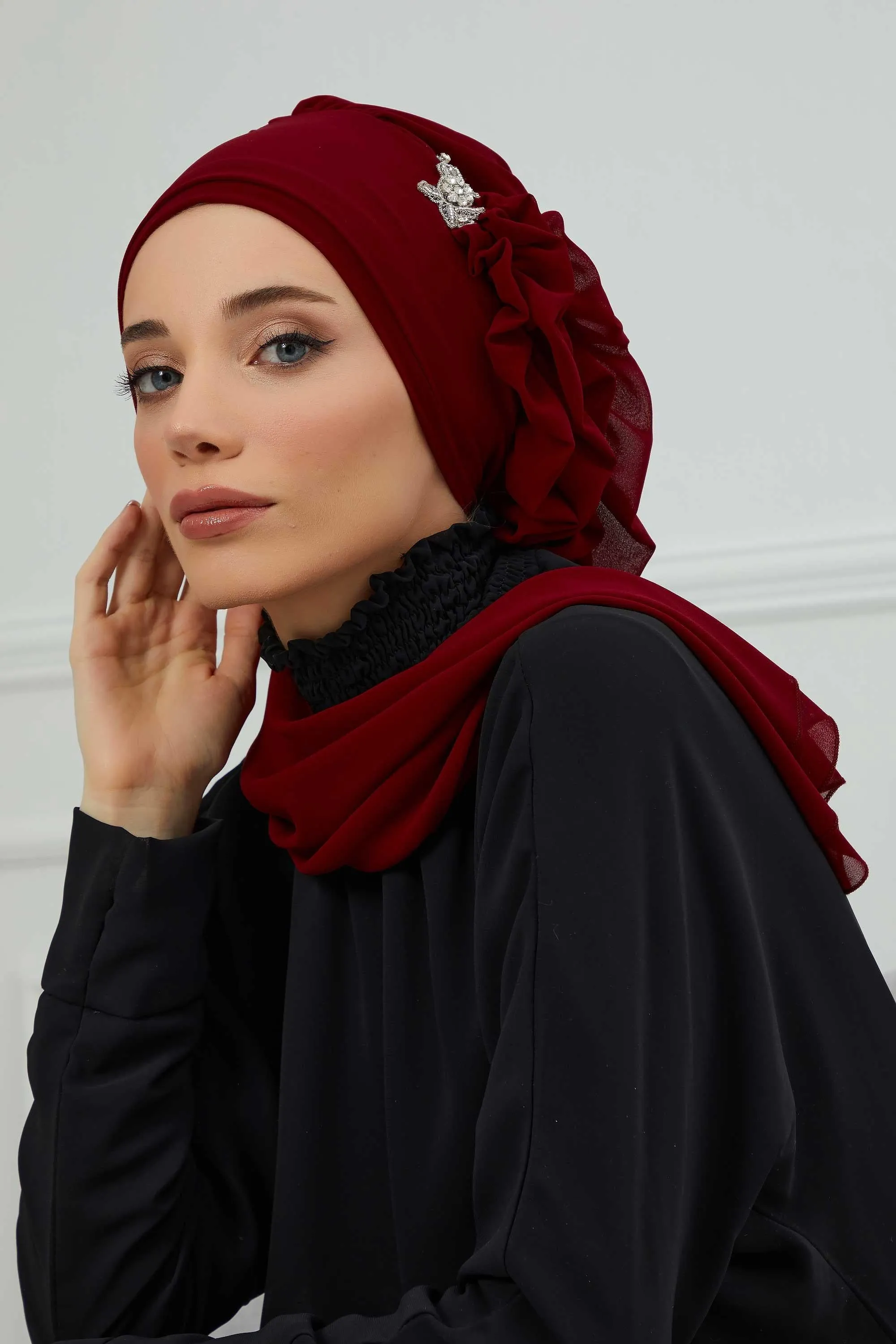 Side Frilled Instant Turban Cotton Scarf Head Turbans with Unique Jewellery Stone Accessory For Women Headwear Stylish Elegant Design,HT-106