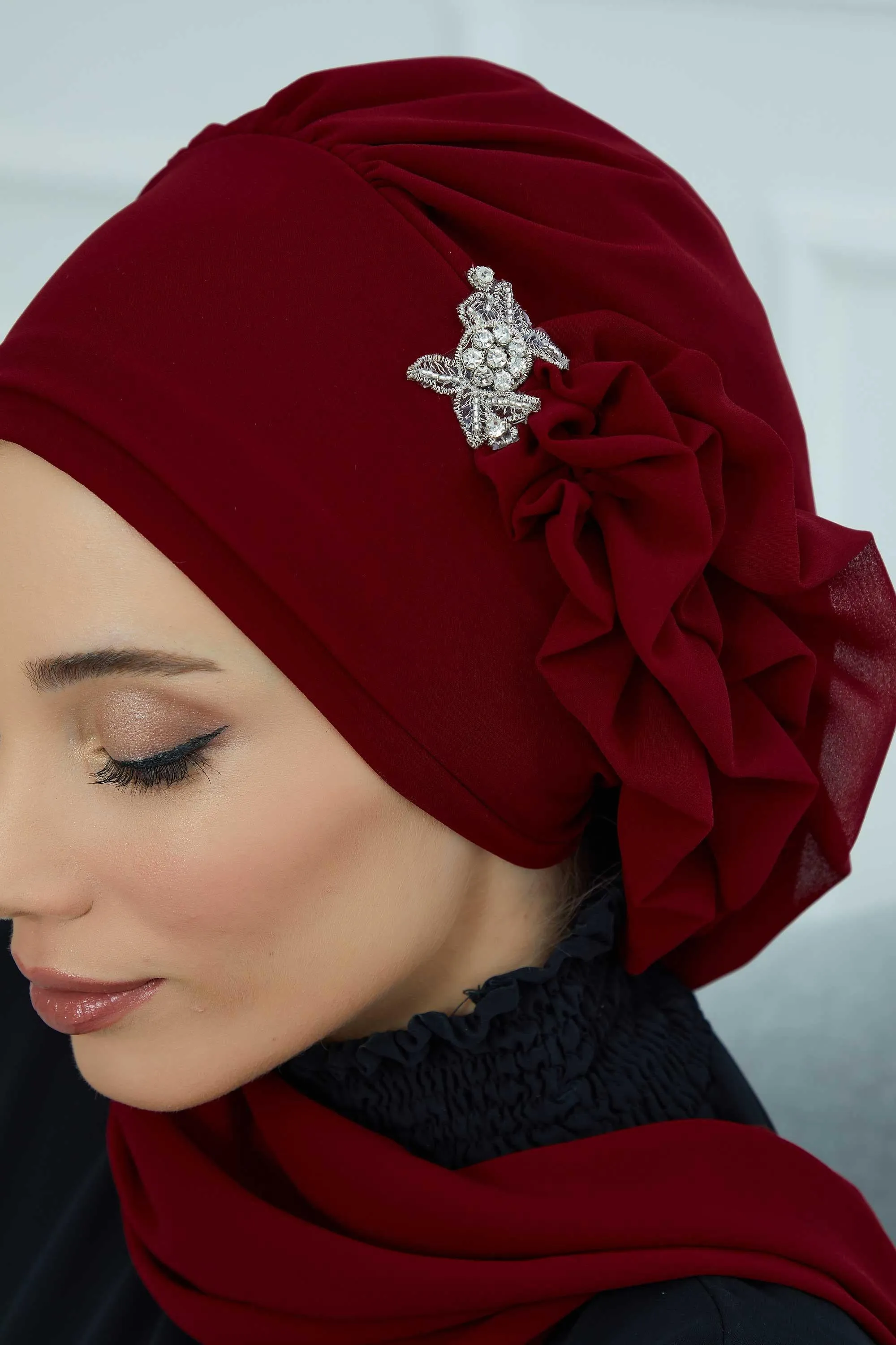 Side Frilled Instant Turban Cotton Scarf Head Turbans with Unique Jewellery Stone Accessory For Women Headwear Stylish Elegant Design,HT-106