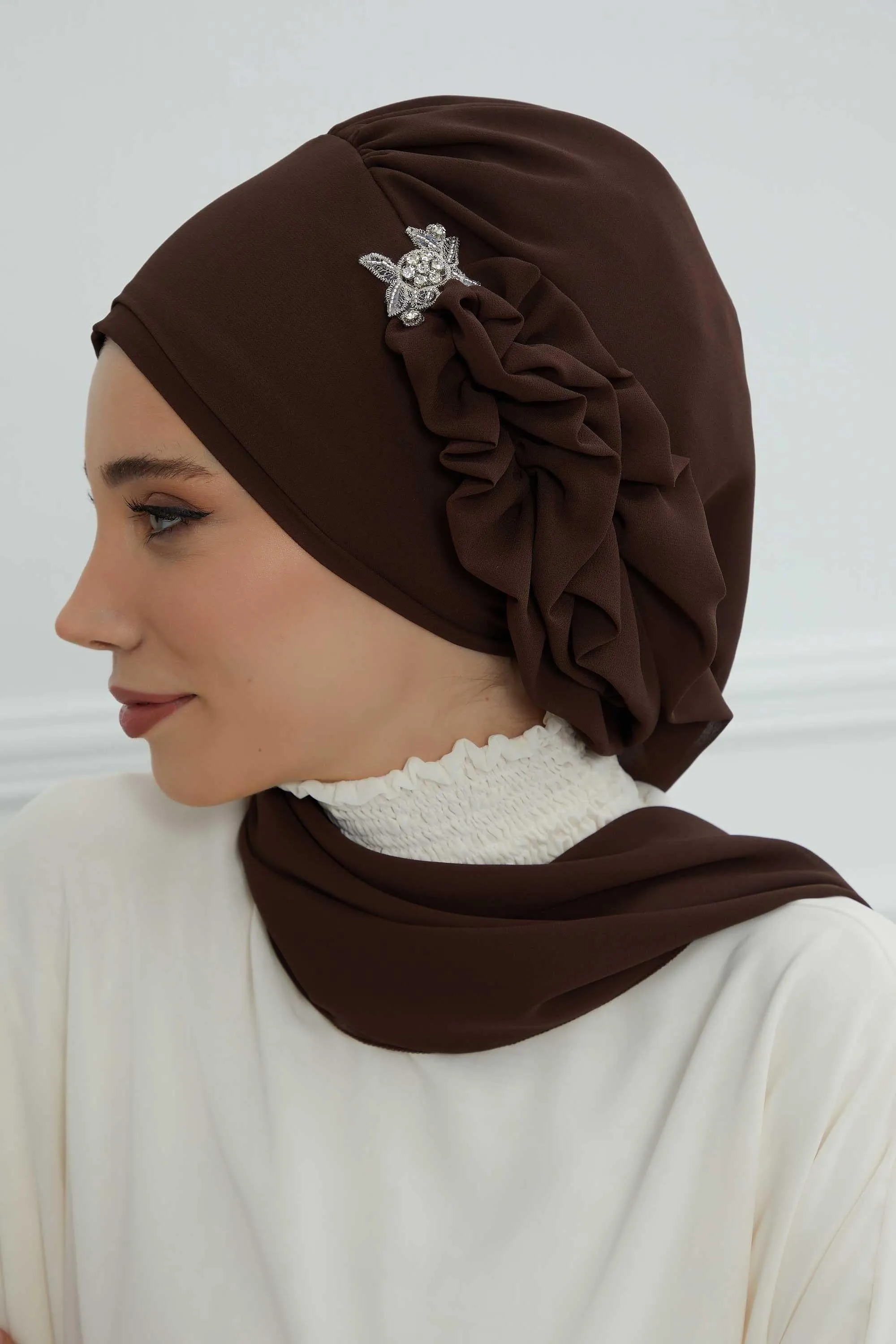 Side Frilled Instant Turban Cotton Scarf Head Turbans with Unique Jewellery Stone Accessory For Women Headwear Stylish Elegant Design,HT-106
