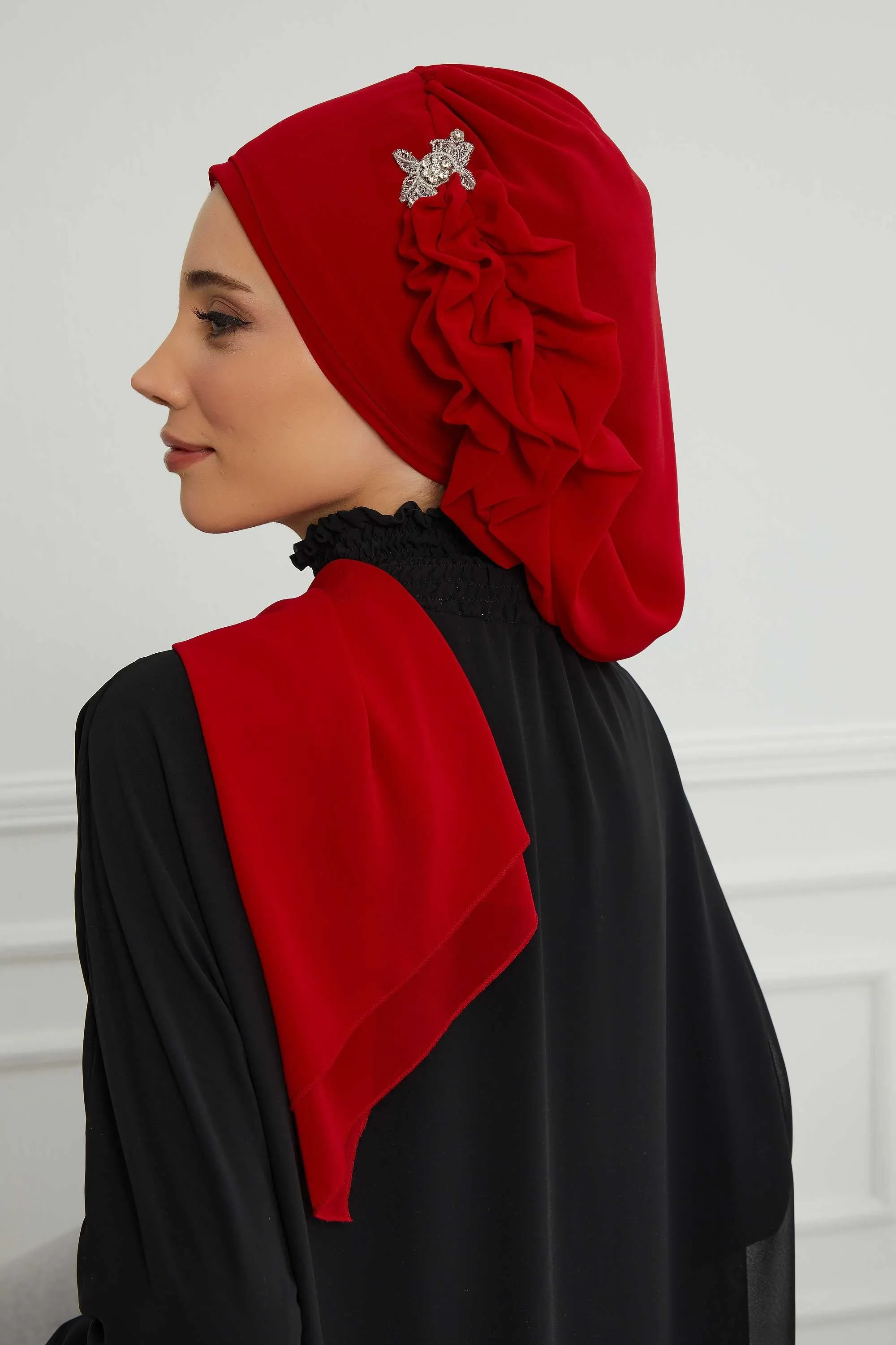 Side Frilled Instant Turban Cotton Scarf Head Turbans with Unique Jewellery Stone Accessory For Women Headwear Stylish Elegant Design,HT-106