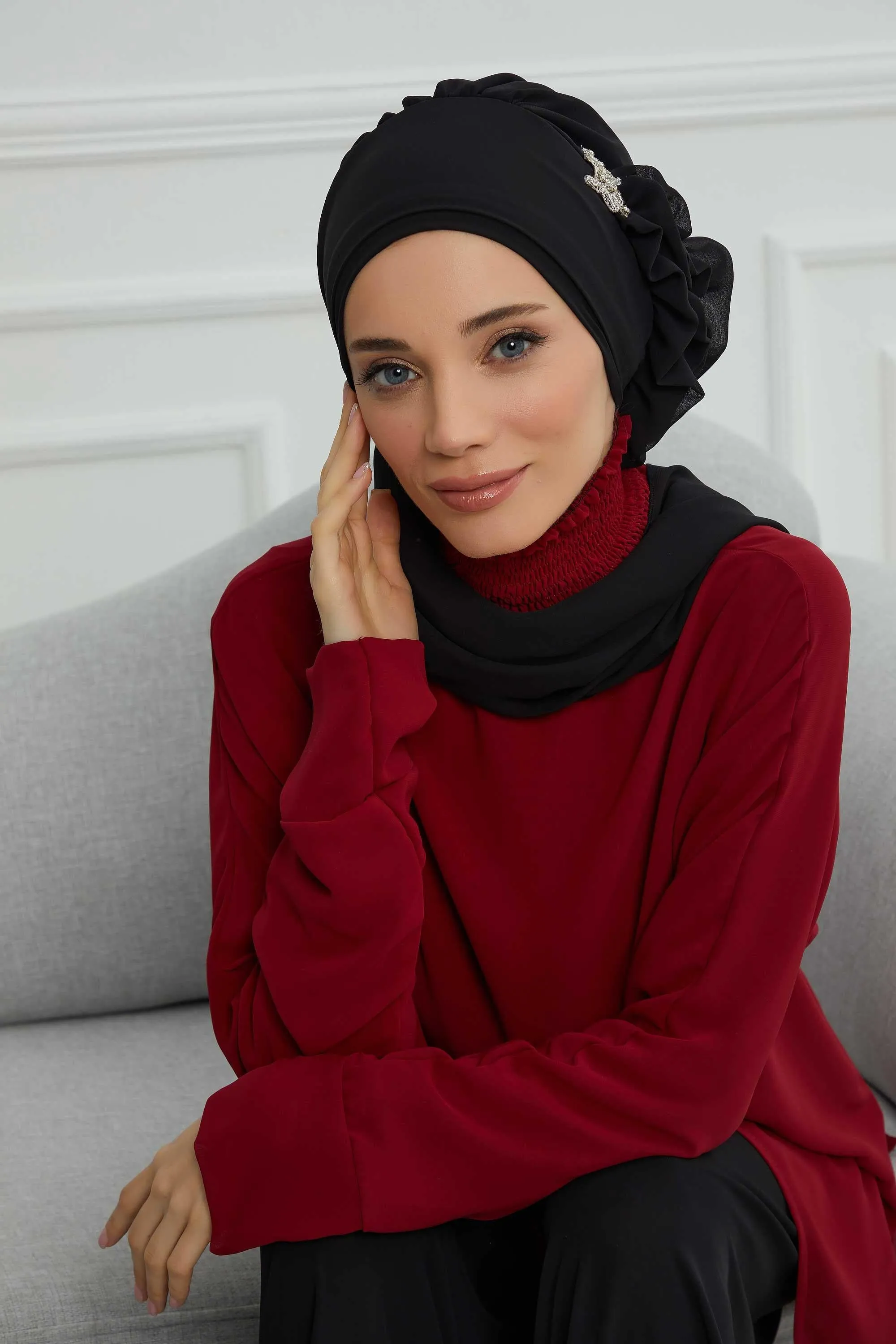 Side Frilled Instant Turban Cotton Scarf Head Turbans with Unique Jewellery Stone Accessory For Women Headwear Stylish Elegant Design,HT-106