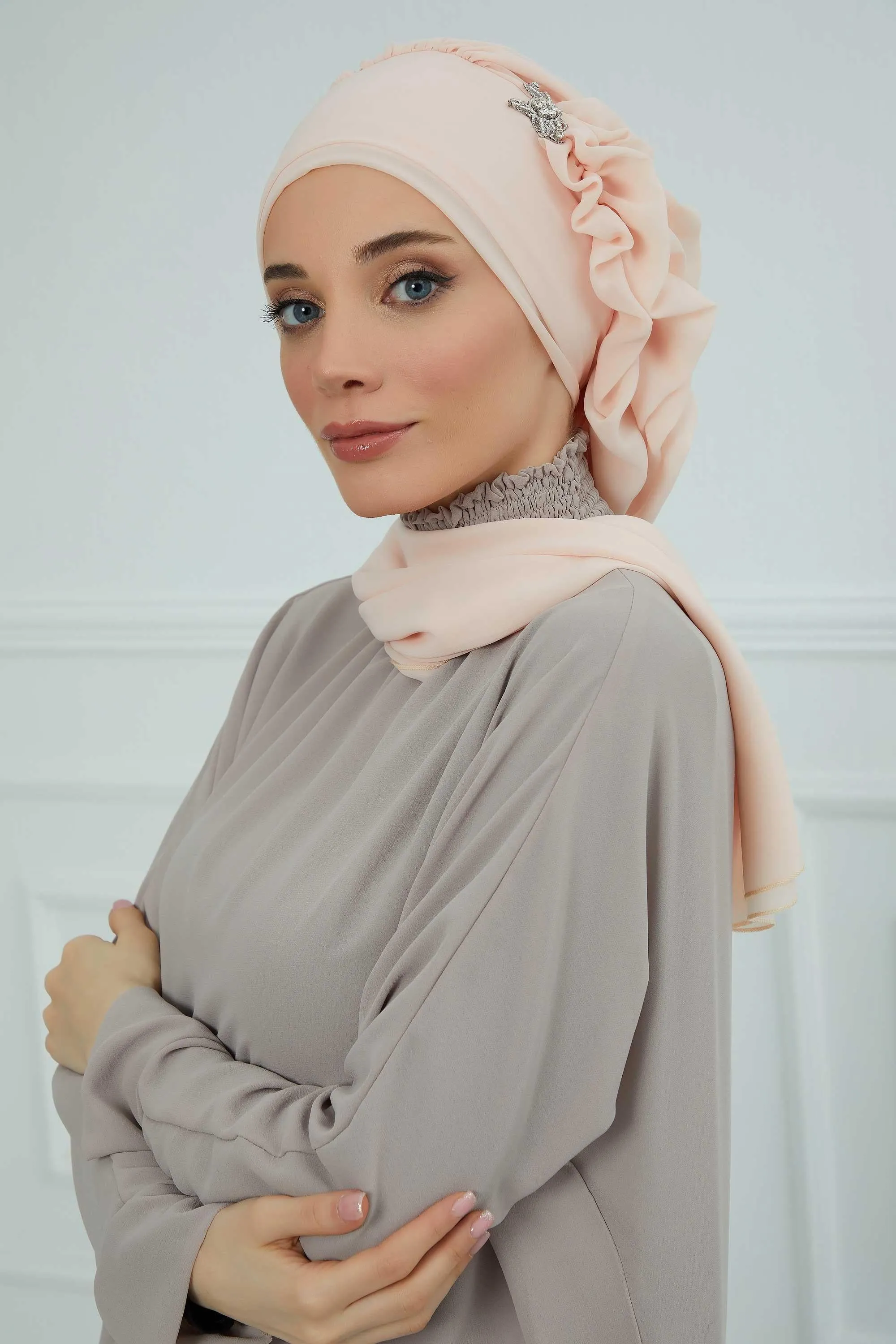 Side Frilled Instant Turban Cotton Scarf Head Turbans with Unique Jewellery Stone Accessory For Women Headwear Stylish Elegant Design,HT-106