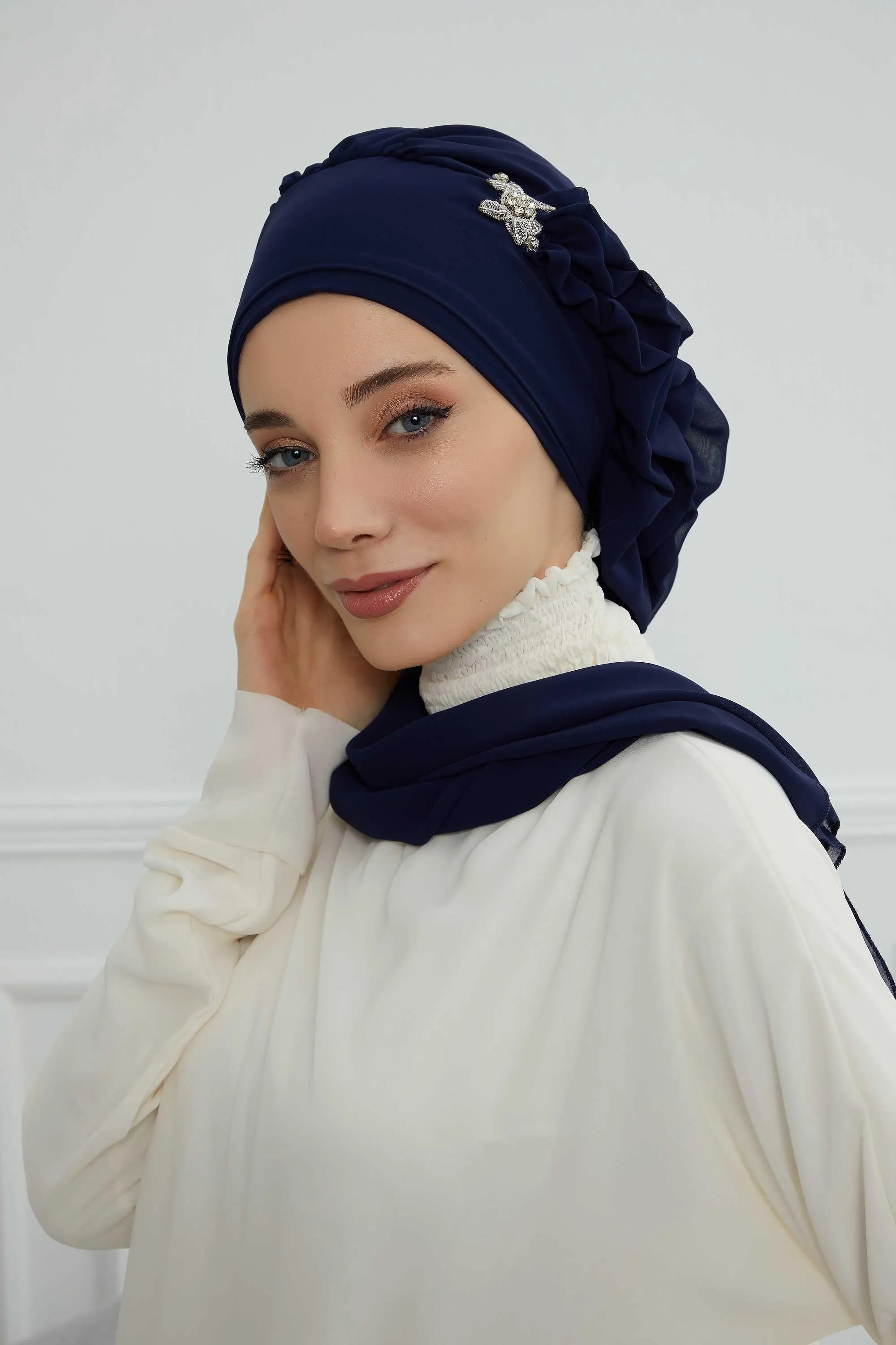 Side Frilled Instant Turban Cotton Scarf Head Turbans with Unique Jewellery Stone Accessory For Women Headwear Stylish Elegant Design,HT-106