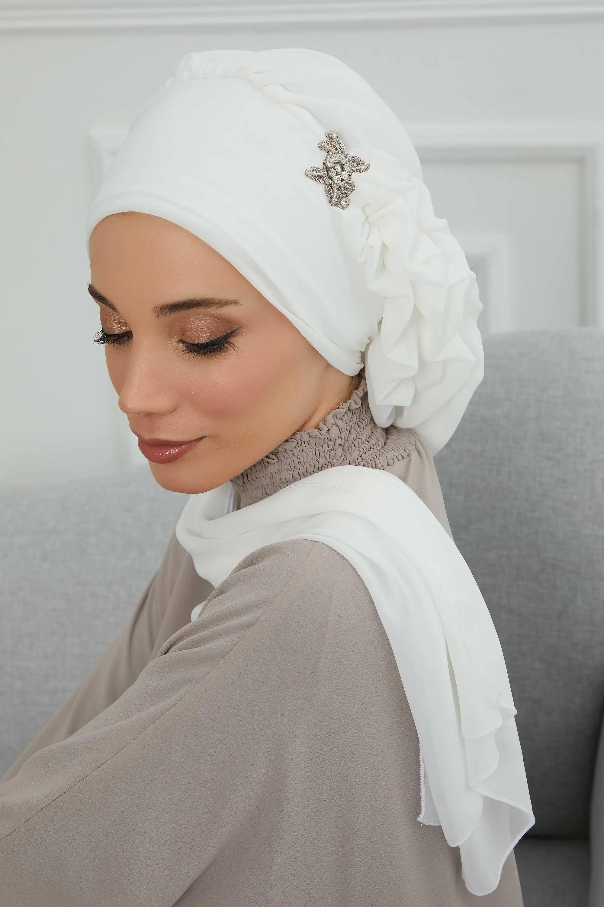 Side Frilled Instant Turban Cotton Scarf Head Turbans with Unique Jewellery Stone Accessory For Women Headwear Stylish Elegant Design,HT-106