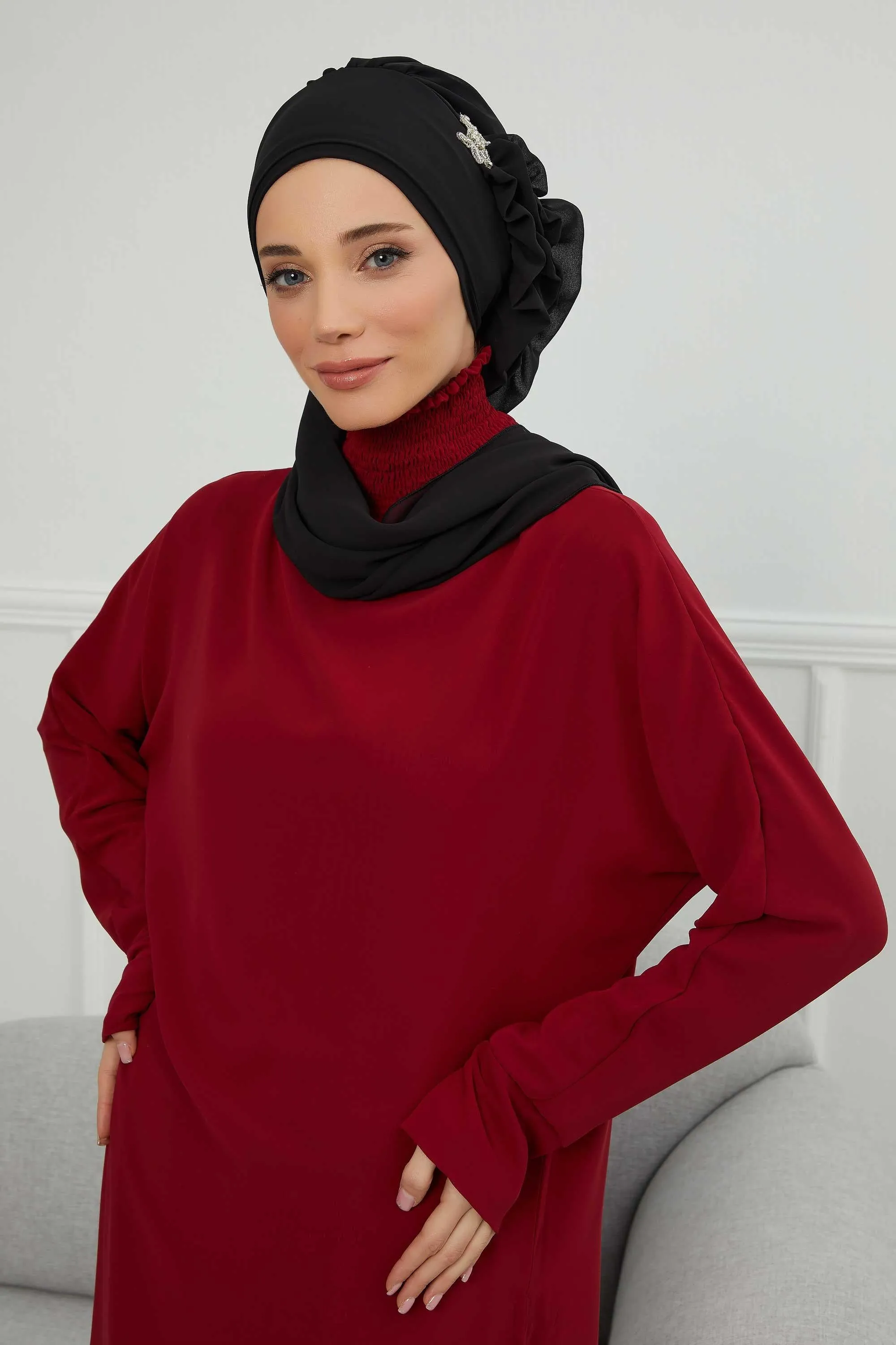 Side Frilled Instant Turban Cotton Scarf Head Turbans with Unique Jewellery Stone Accessory For Women Headwear Stylish Elegant Design,HT-106
