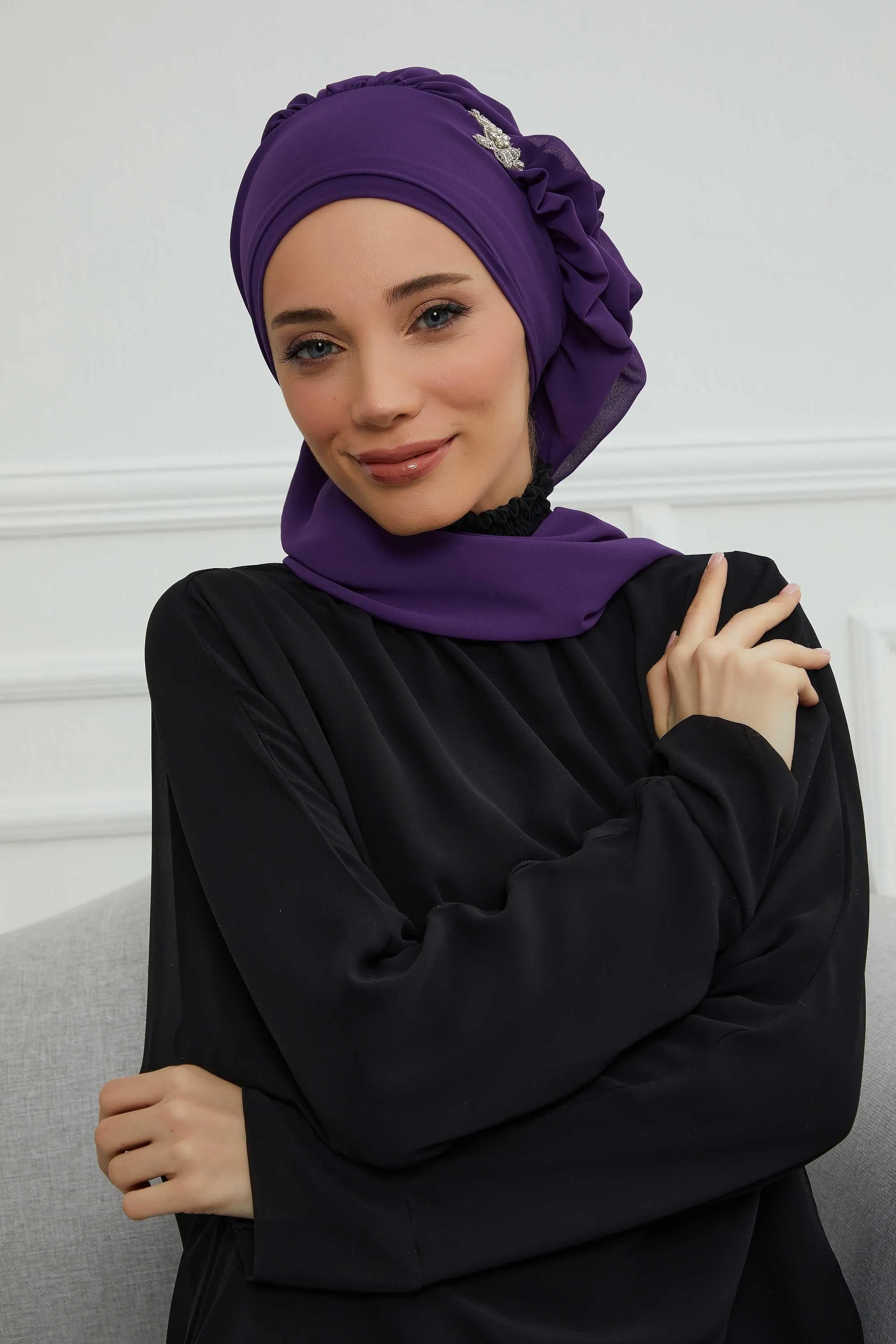 Side Frilled Instant Turban Cotton Scarf Head Turbans with Unique Jewellery Stone Accessory For Women Headwear Stylish Elegant Design,HT-106