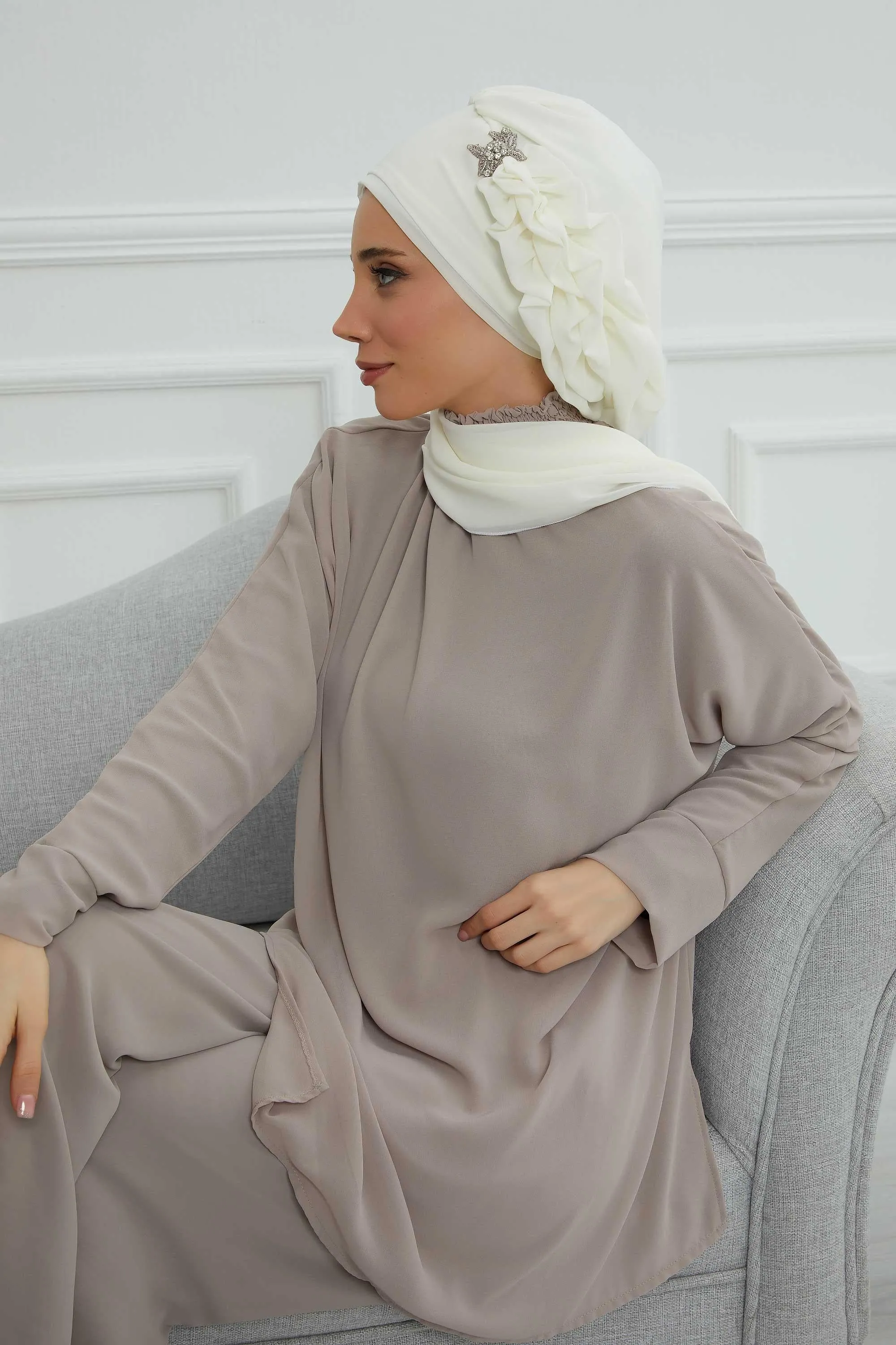 Side Frilled Instant Turban Cotton Scarf Head Turbans with Unique Jewellery Stone Accessory For Women Headwear Stylish Elegant Design,HT-106