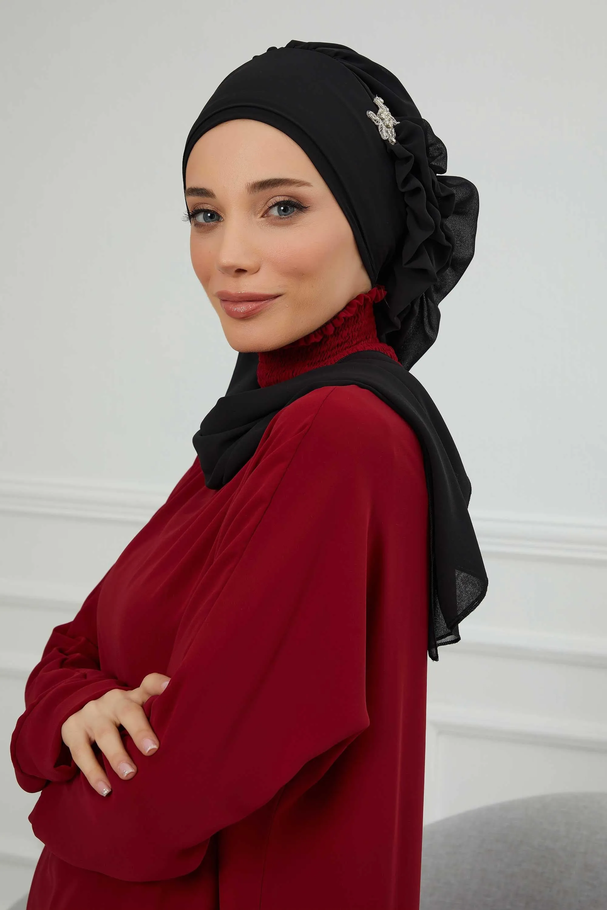 Side Frilled Instant Turban Cotton Scarf Head Turbans with Unique Jewellery Stone Accessory For Women Headwear Stylish Elegant Design,HT-106
