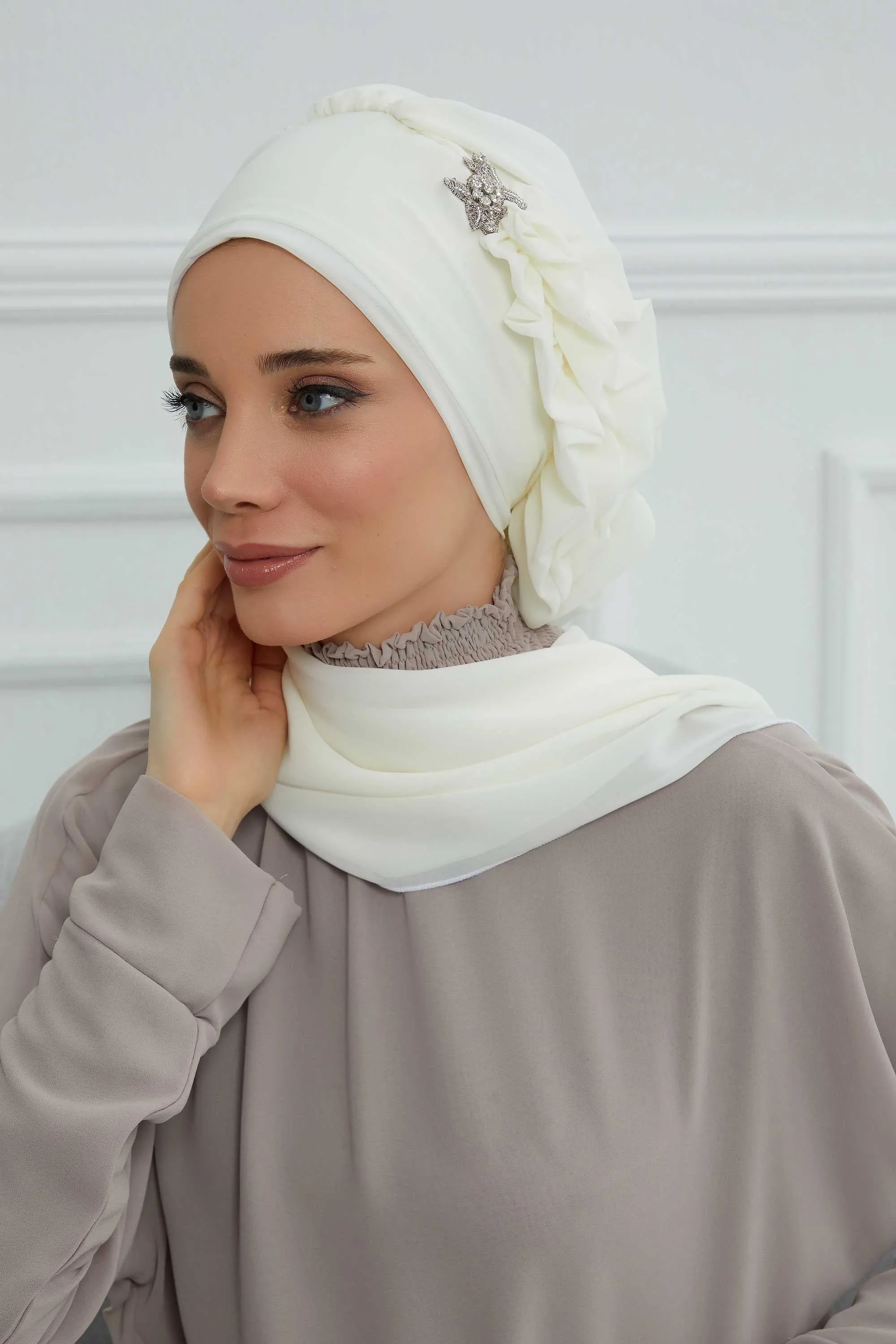 Side Frilled Instant Turban Cotton Scarf Head Turbans with Unique Jewellery Stone Accessory For Women Headwear Stylish Elegant Design,HT-106