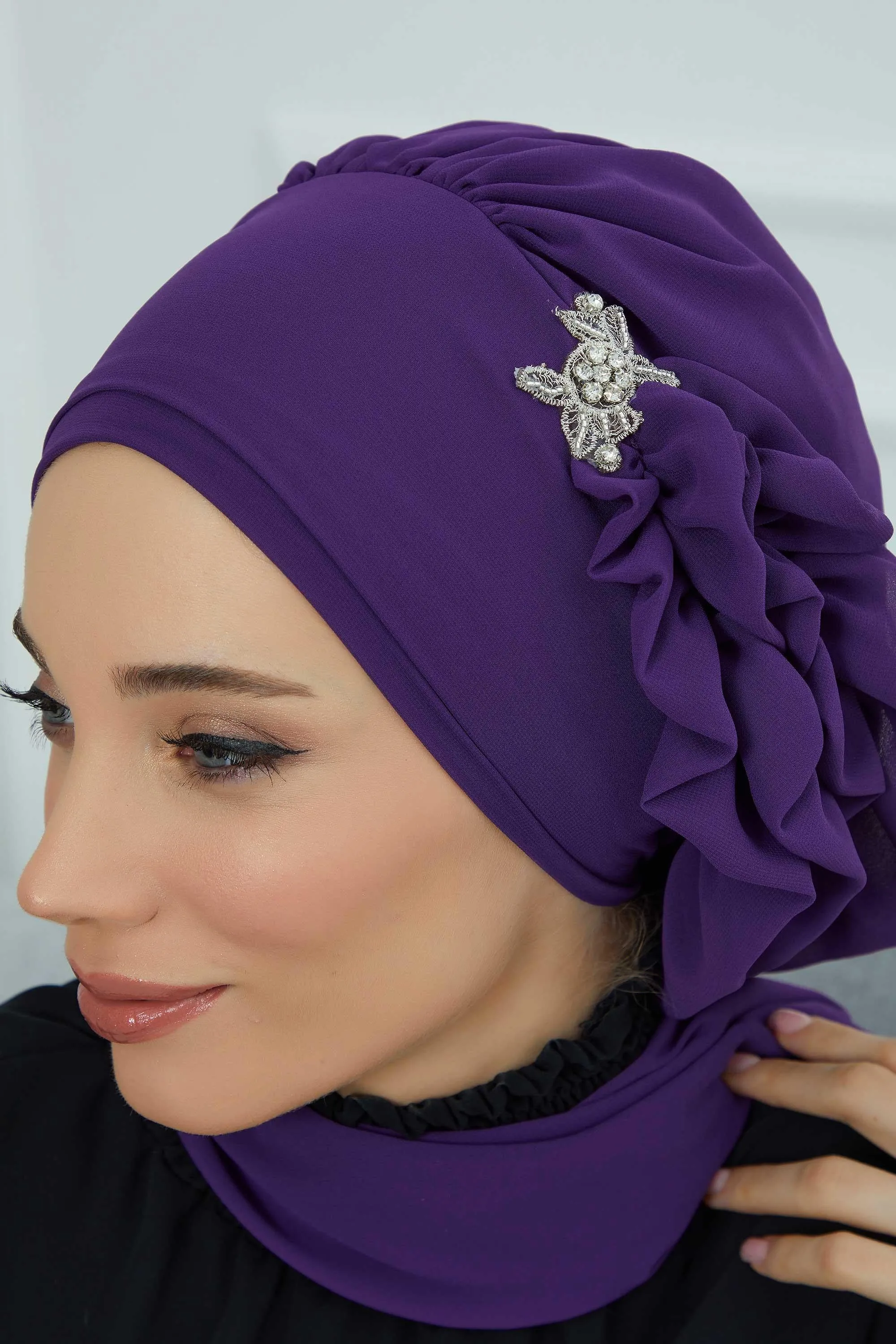 Side Frilled Instant Turban Cotton Scarf Head Turbans with Unique Jewellery Stone Accessory For Women Headwear Stylish Elegant Design,HT-106