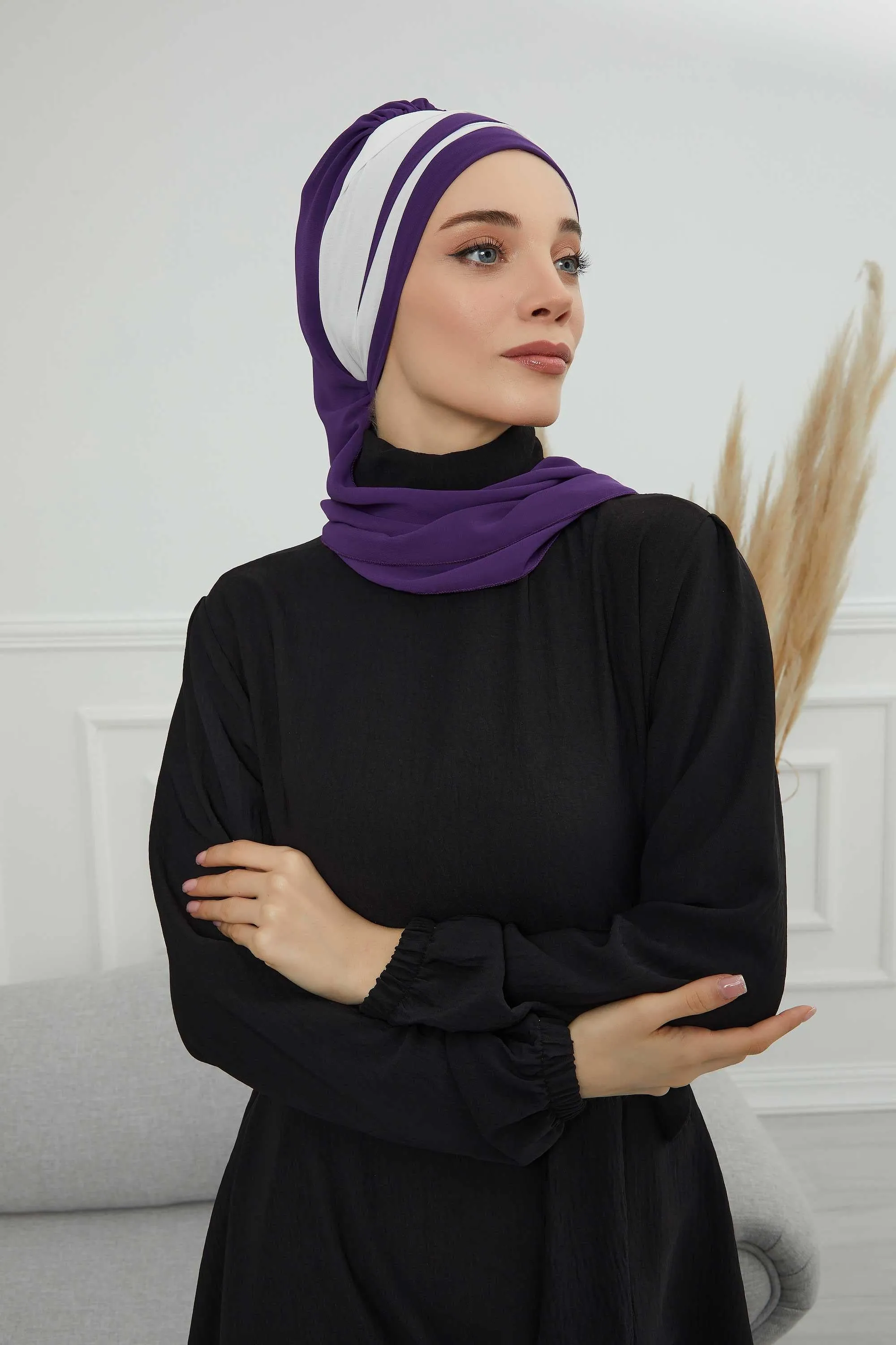 Two Colors Instant Turban Lightweight Multicolor Chiffon Scarf Head Turbans For Women Headwear Stylish Elegant Design,HT-52