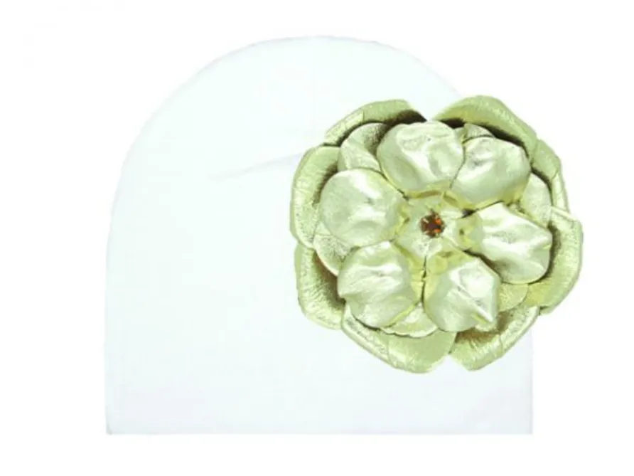 White Cotton Hat with Metallic Gold Rose