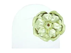 White Cotton Hat with Metallic Gold Rose