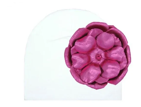 White Cotton Hat with Metallic Raspberry Rose