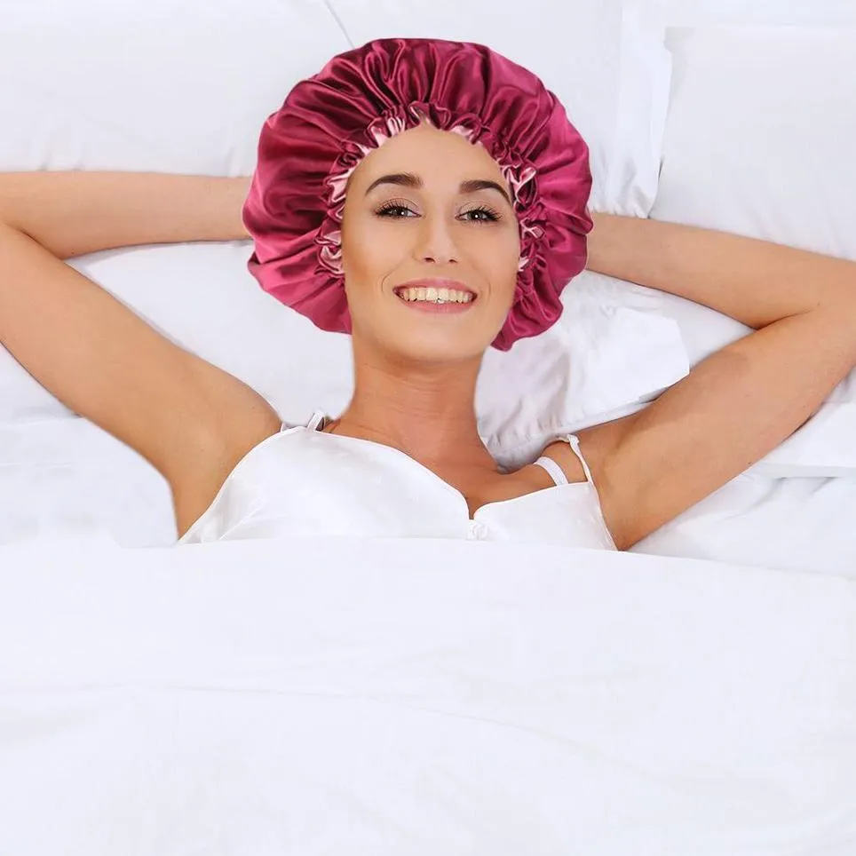 Women's Double Layer Reversible Silky Satin Headscarf Sleeping Bonnet Hat Headband