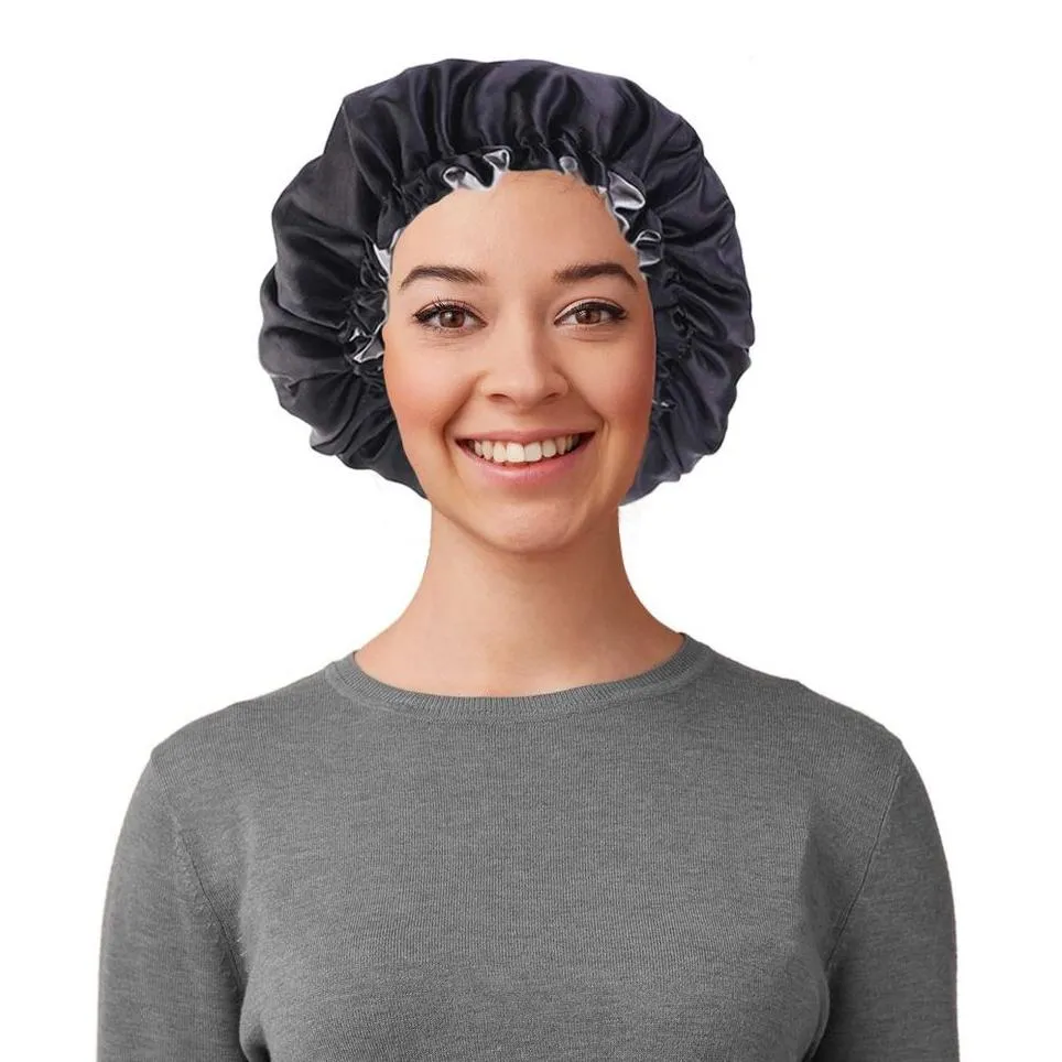 Women's Double Layer Reversible Silky Satin Headscarf Sleeping Bonnet Hat Headband