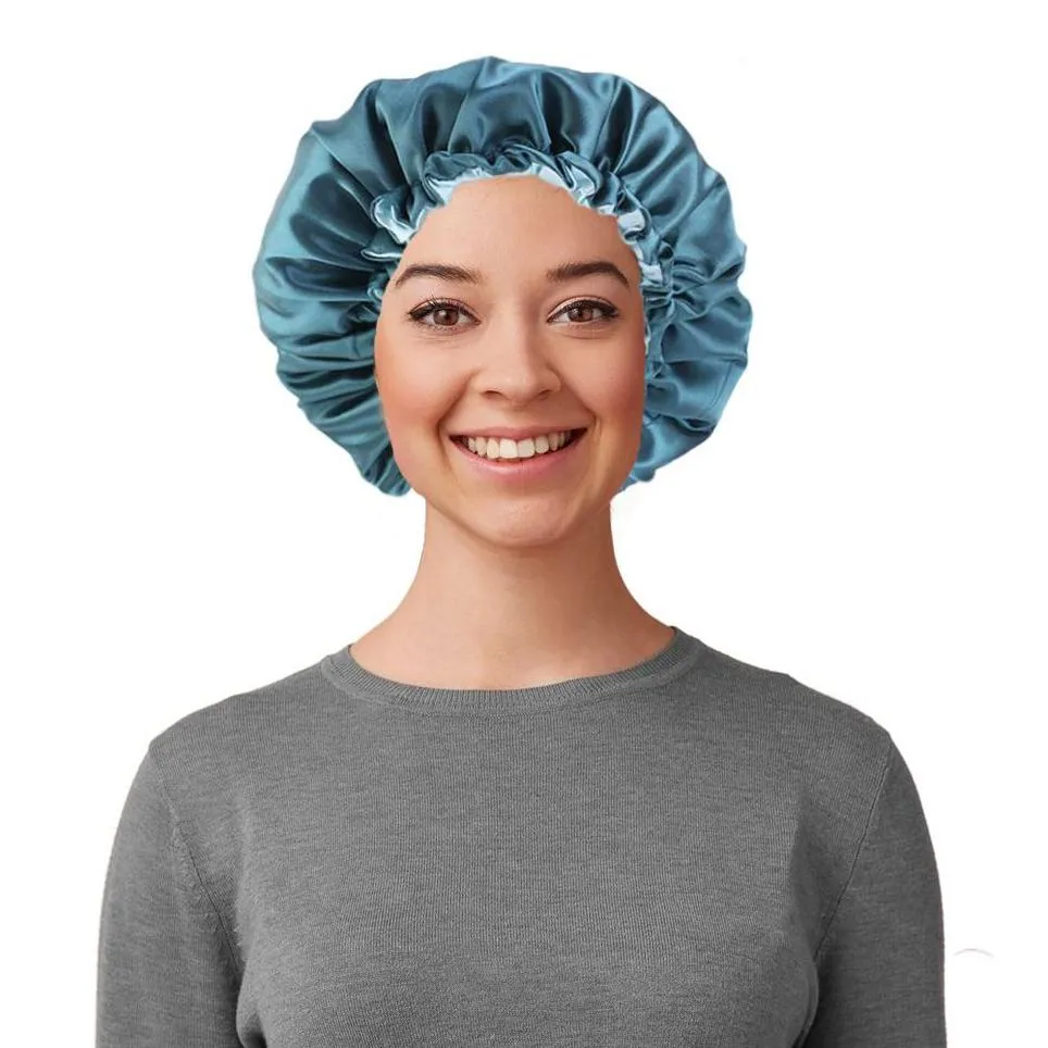 Women's Double Layer Reversible Silky Satin Headscarf Sleeping Bonnet Hat Headband