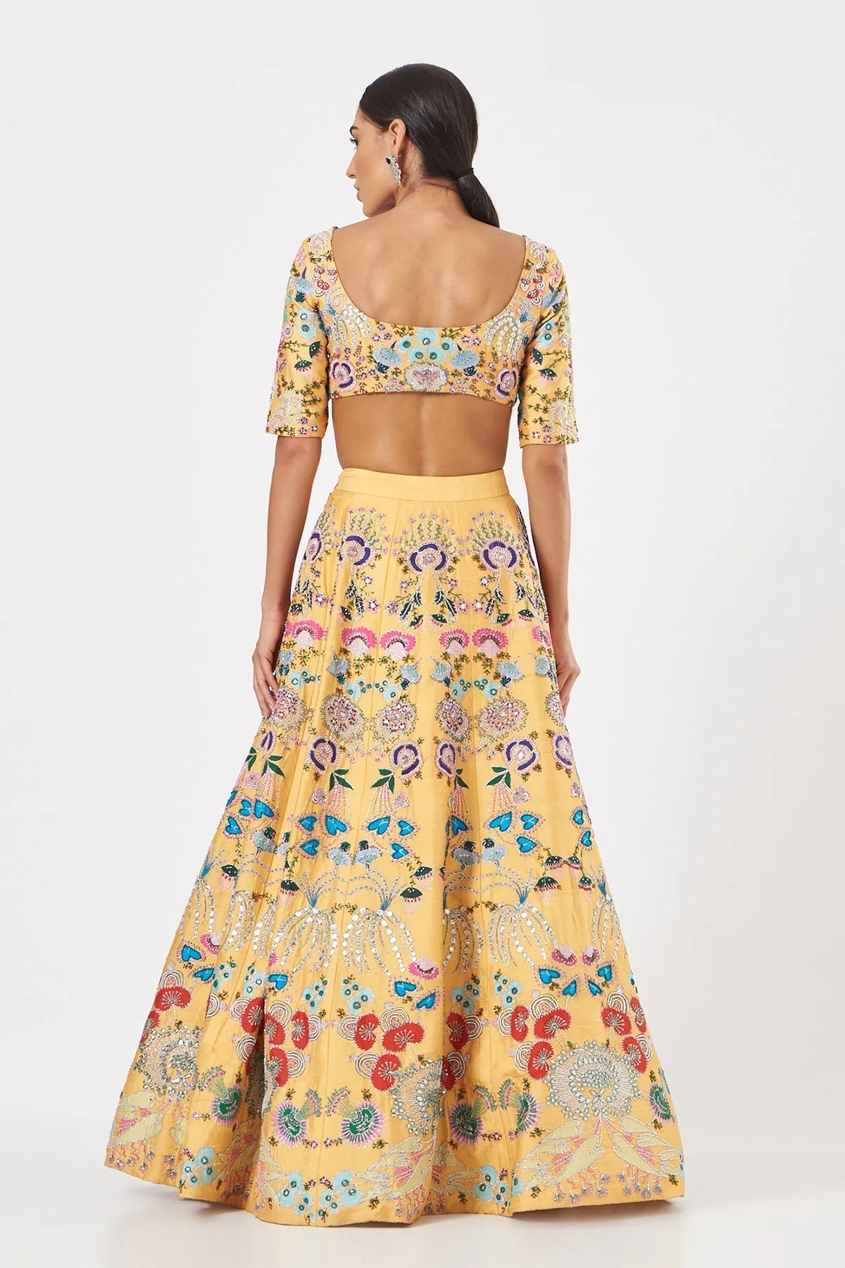 Yellow Paper Dolls Raw Silk Appliquéd And Embellished Lehenga With Blouse And Cutwork Dupatta