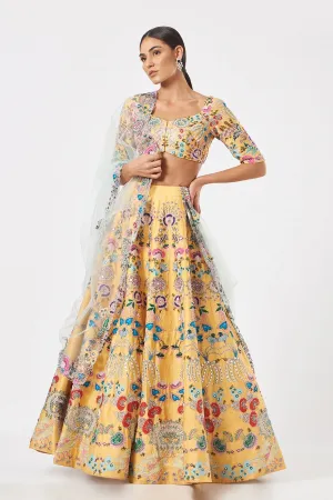 Yellow Paper Dolls Raw Silk Appliquéd And Embellished Lehenga With Blouse And Cutwork Dupatta