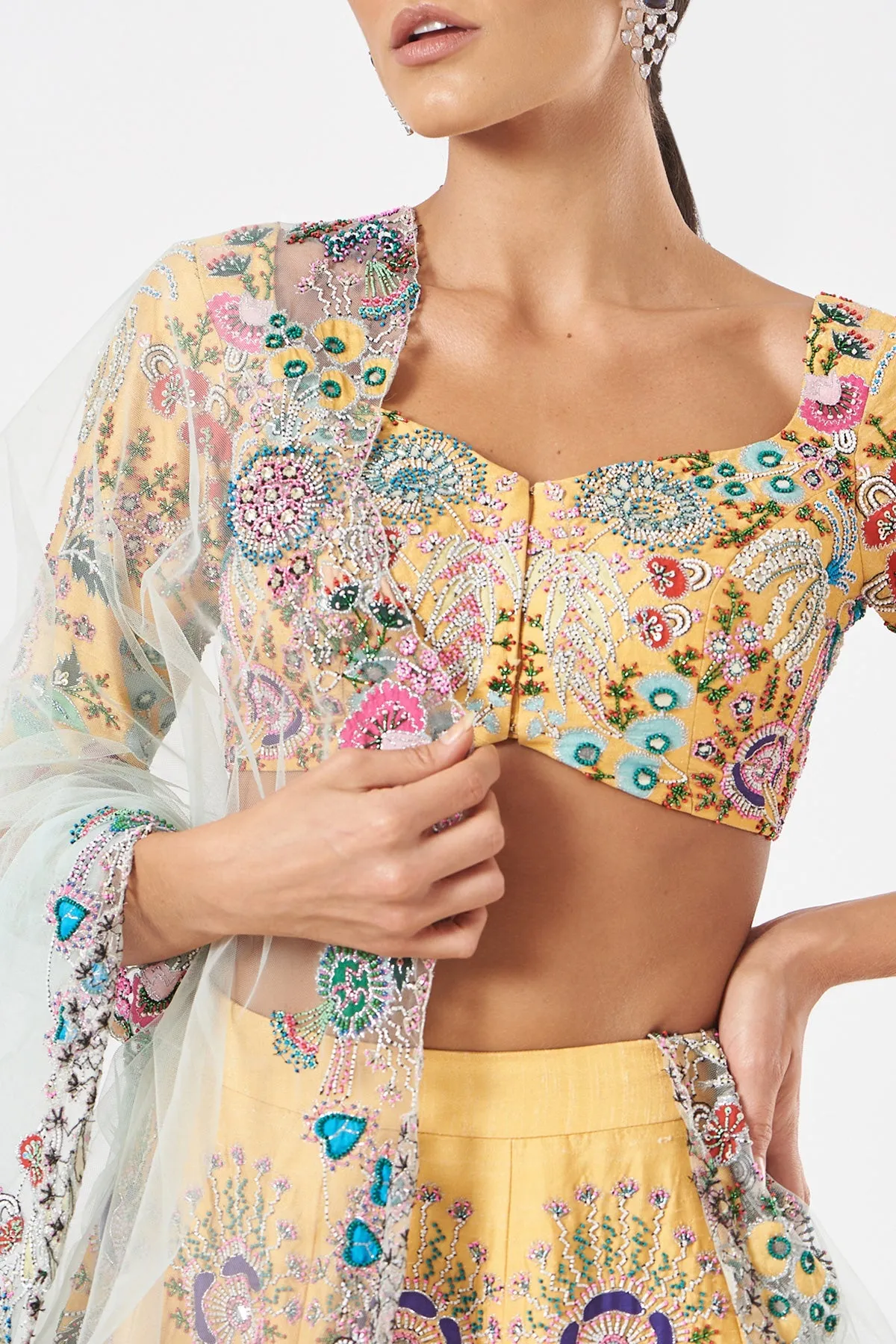 Yellow Paper Dolls Raw Silk Appliquéd And Embellished Lehenga With Blouse And Cutwork Dupatta